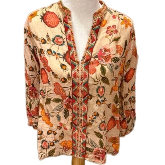 Johnny Was Workshop Floral Embroidered Split Neckline Boho Festival Style Tunic - Picture 1 of 14